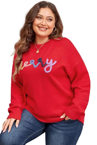 Fiery Red Tinsel Merry Pattern Drop Shoulder Plus Size Sweater for Women
