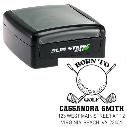 Image of Compact Golf Passion Slim Pre Inked Address Stamp - Square Rubber Stamp | Pocket Size Rubber Stamp. Golf Stamp Customized. Choice of 5 ink colors. No separate pad needed. Laser-cut lettering.