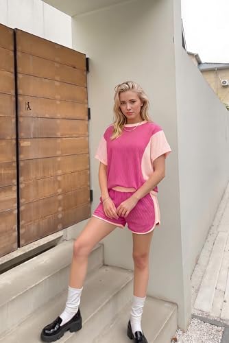 Image of MARZXIN Women 2 Piece Shorts Set 2026 Casual Summer Cruise Outfits Ribbed Loose Short Sleeve Pocket Matching Lounge Sets