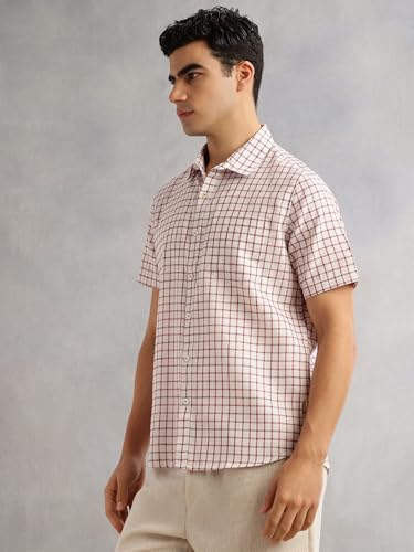 Image of Thomas Scott Men's | Checks | Half Sleeve | Slim Fit | Linen Blend | Spread Collar | Casual Shirt