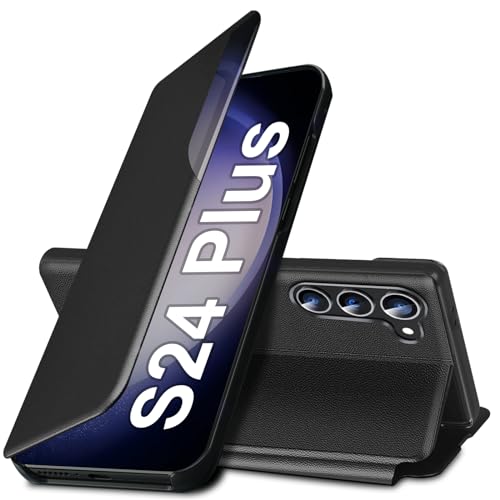 S24 Plus Flip Case for Samsung Galaxy S24 Plus 5G Case, Clear View Slim Fit Leather Cover for Samsung S24 Plus Phone Case with Kickstand Rugged Heavy Duty Shockproof Bumper Shell, 6.6 Inches (Black)