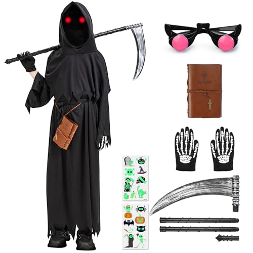 Haozozo Halloween Kostüm Kinder Sensenmann Halloween Kostüm Kinder Jungen (6-8 Jahre)