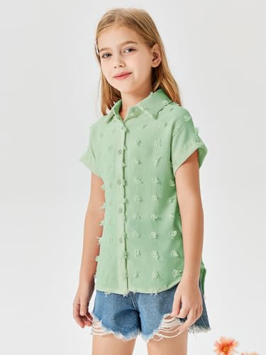 Image of Haloumoning Girls Button Down Shirts Short Sleeve Kids Casual Chiffon Blouse Summer Tops T-Shirt
