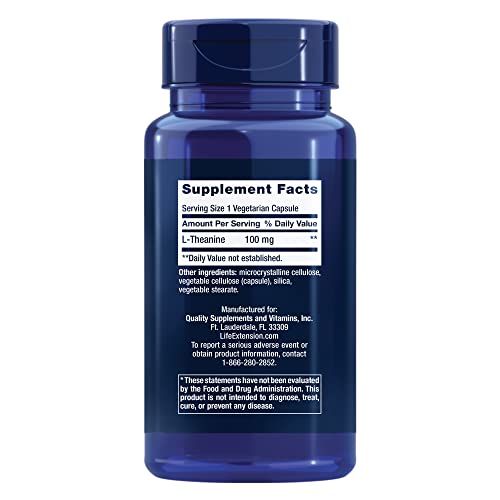 Life Extension L-Theanine, 100 Mg, 60 Vegetarian Capsules — Supports A Calming & Mood Enhancing Effect, Amino Acid Derived From Tea - Gluten-Free, Non-Gmo #TOP1