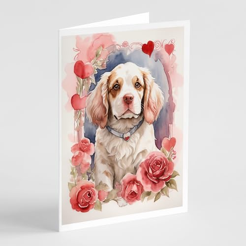 Caroline's Treasures DAC4411GCA7P Clumber Spaniel Valentine Roses Greeting Cards Pack of 8 Blank Cards with Envelopes Whimsical A7 Size 5x7 Blank Note Cards