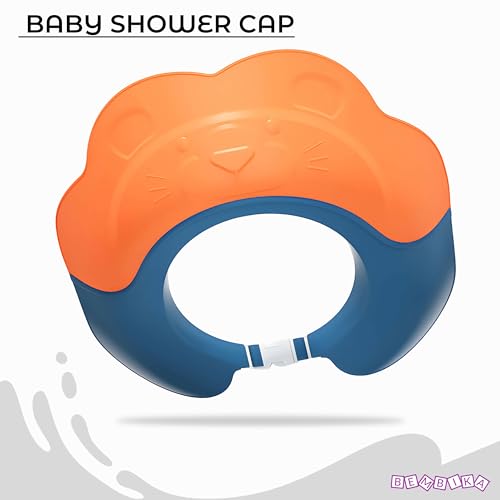 Image of Bembika Baby Shower Cap For Washing Hair, Eye Protection And Hair Wash Reusable, Waterproof, And Comfortable For Babies - (Orange Blue)