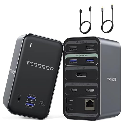 YEOODOP USB C Laptop Docking Station, 14-em-1 Triple Display USB C HUB com 4K Dual HDMI, DP, RJ45, PD3.0,6 portas USB e áudio de 3,5 mm, USB-C Multiport Dock Dual Monitor HDMI para Mac and Windows
