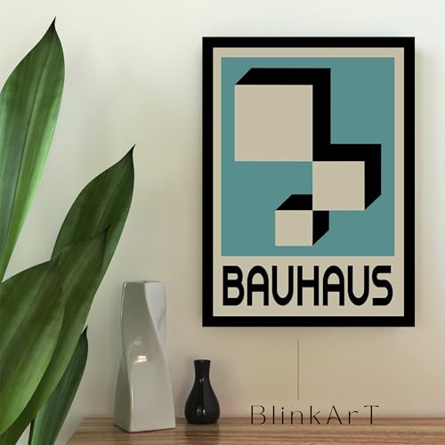 Image of BLINKART Vintage Bauhaus Retro Geometric Aesthetic Poster Gallery | Colorful Wrap Framed For Home Office Studio Living Room Modern Art Studio Decoration Abstract Shapes | (d152) | 13x10 Inch