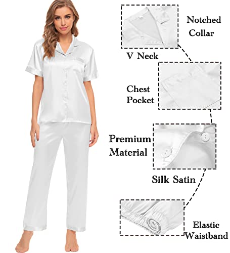 Image of SWOMOG Womens Silk Satin Pajamas Sets 4pcs Sleepwear Sexy Cami Shorts Set and Button Down Short Sleeve Pjs Loungewear