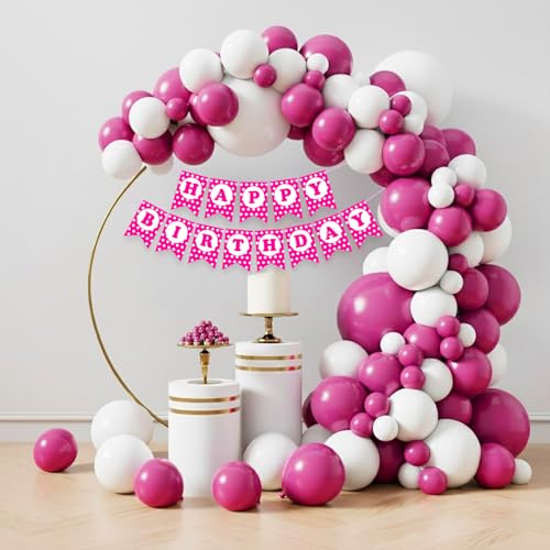 Image of Rozi Decoration Pink and White Balloon Arch Decoration Kit with Happy Birthday Paper Banner, 32 Pieces Party Decor Set for Birthday Celebration, Girls Birthday Decor
