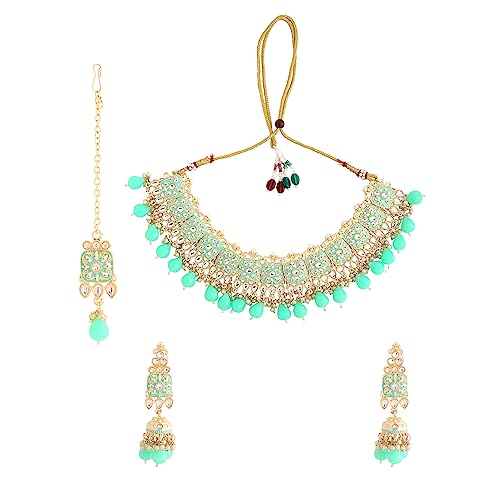 Image of Yellow Chimes Ethnic Gold Plated Studded Kundan Beads Flower Design Jewellery Set Multicolour Meenakari Choker Necklace Set for Women and Girls