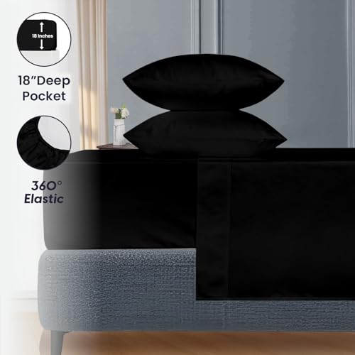 Image of SGI bedding 96 inchx96 inch 4 Pc Vermont King Sheet Set 600 TC 18 inch Deep, Black