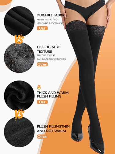 DORALLURE Fleece Lined Thigh High Stockings for Women Opaque Lace Top Thermal Pantyhose Tights2