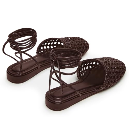 Image of Woven Ballet Flats for Women Lace Up Closed Square Toe Summer Sandals Dressy Shoes