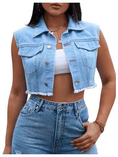 MakeMeChic Women's Denim Vest Sleeveless Button Down Raw Hem Denim Jacket Jean Vest