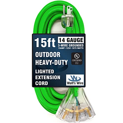 15 Ft - 14 Gauge Heavy Duty 3-Outlet Lighted Sjtw Indoor/Outdoor Green Extension Cord By Watt's Wire - 15' 14-Gauge Grounded 15-Amp Power-Cord (15 Foot 14-Awg Green) #TOP29