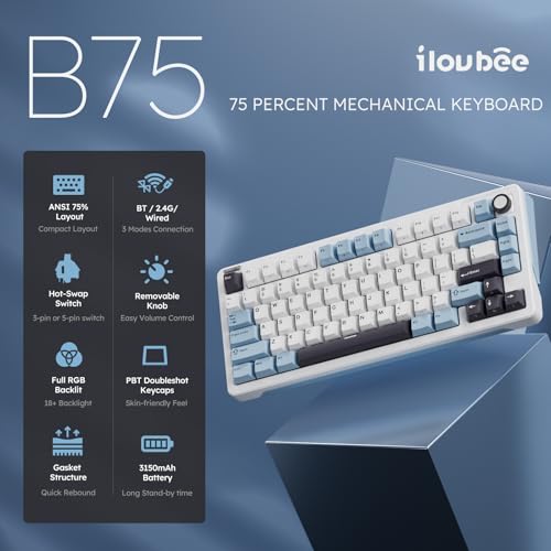 Image of iLovBee B75 Wireless Mechanical Keyboard, Creamy 75% Percent RGB Gaming Keyboard with Knob, Bluetooth /2.4GHz /USB Wired Hot Swappable Keyboards, Gasket Mounted PBT Keycaps, Pre-Lubed Linear Switches