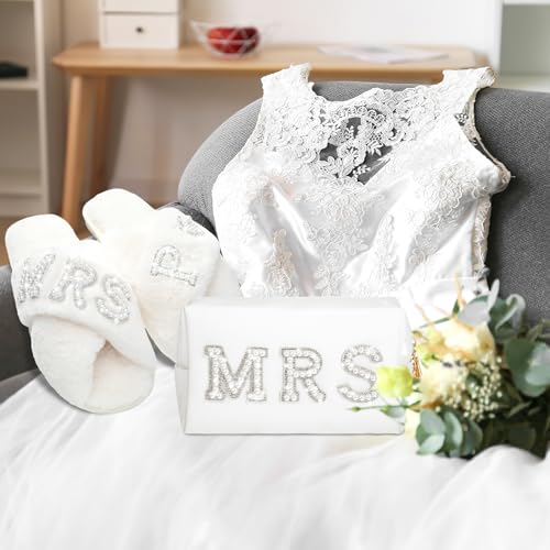 Image of Xtinmee Personalized Initial Wedding Bride Slipper Mrs Pearl Letter Makeup Bag Bachelorette Party Bridal Shower Wedding Gifts(P)
