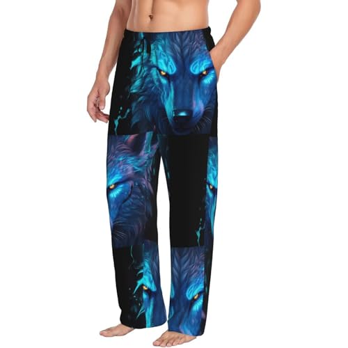 Mens Pajama Pants Bottoms with Pockets, Futuristic Blue Light Wolf Comfort Pj Lounge Pants Soft Sleep Pants for Men
