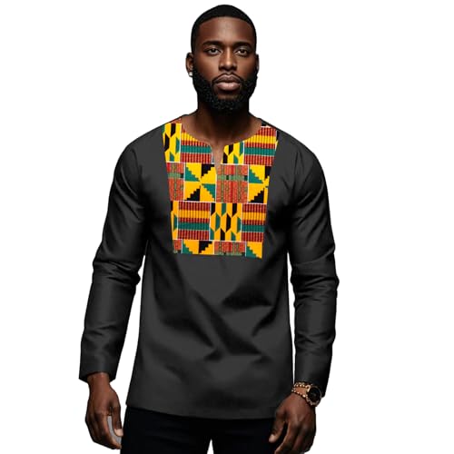 African Shirt for Men Kente Tribal Patchwork Long Sleeve Dashiki Shirt Nigerian Top Attire