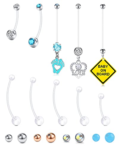 TOKRING Pregnancy Belly Button Rings Plastic Maternity Long Belly Button Rings Bar for Healing Clear Flexible Belly Piercing Retainer with Different Balls for Replacement 18mm 25mm 32mm 35mm 38mm