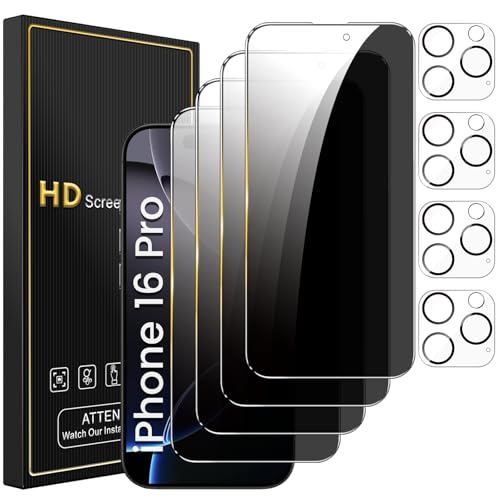 Romkasi 4 Pack Privacy Screen Protector for iPhone 16 Pro 6.3 Inch with 4 Pack Camera Lens...