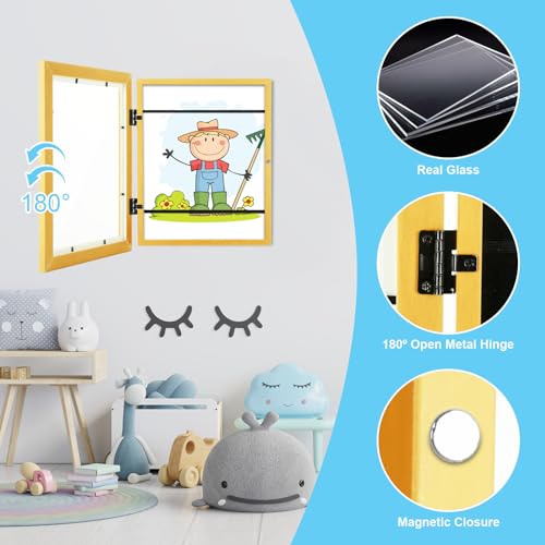 Image of [2-Pack] Kids Art Frames, 8.5x11 Front Opening Kids Artwork Frames Changeable, Milk Yellow Artwork Display Storage Frame for Wall, Holds 50 Pcs, for 3D Picture, Crafts, Children Drawing, Hanging Art,