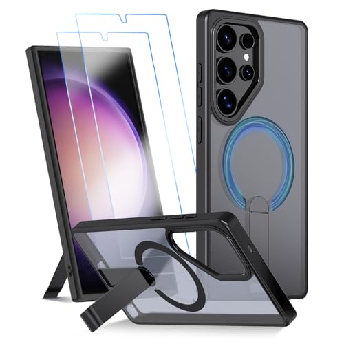 Capa para Samsung Galaxy S25 Ultra Capinha - Compatível com MagSafe, com protetor de ecrã temperado de 2 peças, estojo ultrafino resistente a choques e quedas com suporte ajustável - Preto