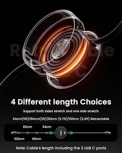 Image of Verilux USB C to USB C Retractable Cable, 3.3ft PD 240W Type C Charging Cable Data Cable, Lightweight and convenient, Compatible with iPhone 15 /Pro /Plus, Galaxy Z Flip5 /S23, Mac-book Pro (Black)