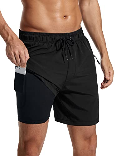 SILKWORLD 7 Inch Mens Swim Trunks with Compression Liner Quick-Dry Bathing Suit with Zipper Pockets2