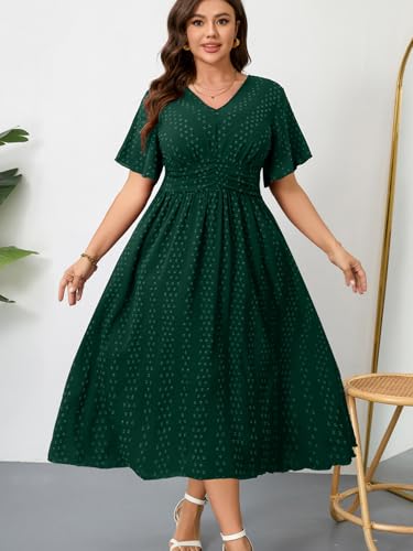 Image of RWJ Women's Plus Size Maxi Dress V Neck Short Sleeve Swiss Dot A Line High Waist Boho Swing Casual Summer Dresses