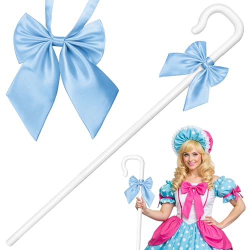 Farochy Shepherd Staff Bo Peep Staff, White Hook Canes with Blue Bowtie, Plastic Shepherd Crook Staff Bo Peep Costume Halloween Cosplay