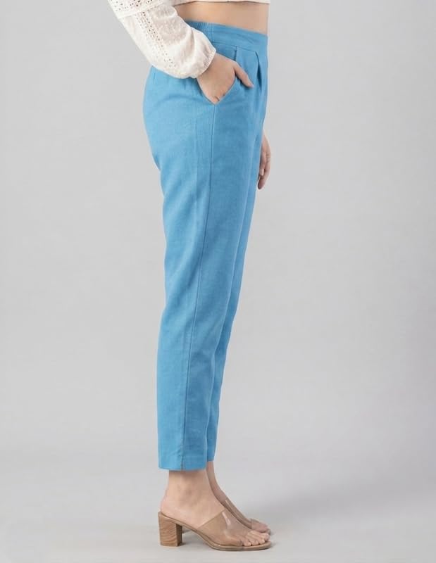 Image of Solid Cotton Woman Trousers Pants Regular Fit Kurti Pant with Drawstring Daily Office Formal Casual Use