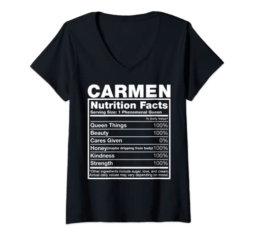 Donna Carmen Nutrition Facts T-Shirt Carmen Nome Compleanno Camicia Maglietta con Collo a V