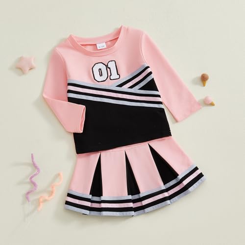 Toddler Baby Girl Cheerleader Outfit Long Sleeve Shirt Tops Pleated Skirt Set Cheer Uniform Football Clothes Fall4