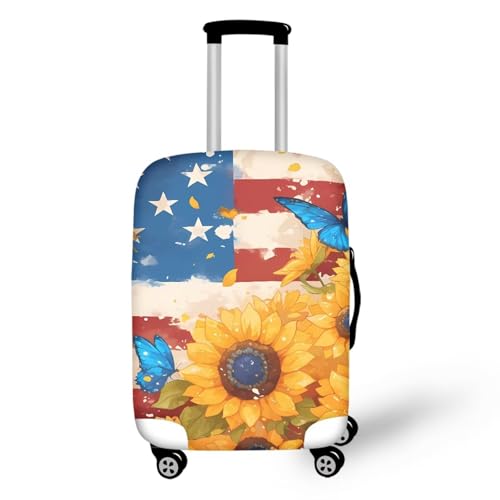 USA Flag Sunflower and Butterfly Suitcase Protector Elastic Luggage Cover Protector Anti-Scratch Travel Suitcase Cover Fits 18-32 Inch Luggage Dust Proof and Lightweight