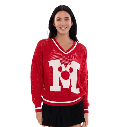 Disney Minnie Mouse Womens Crochet Varsity V-Neck Pullover Sweater Red