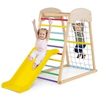 COSTWAY 7 en 1 Triángulo de Escalada de Madera para Niños, Juego de Escalada con Triángulo, Arco, Rampa para Deslizarse o Escalar, Set de Escalada Montessori para Niños 1 Año (Natural