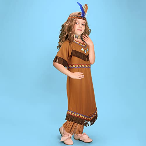Boyiee 4 Pcs Girls Native American Costume Set Brown Indian Princess Outfit For Kids Mardi Gras Party Cosplay Dress (S) #TOP7