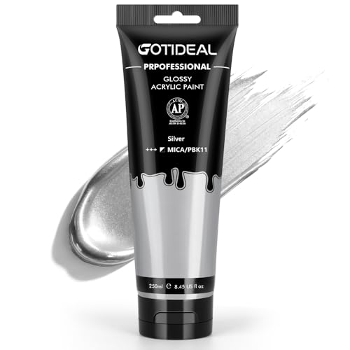 GOTIDEAL Silver Acrylic Paint 8.45oz/250ml Large Silver Paint Art Craft PaintsRich Pigments Non Toxic for Metal Wood Clay Fabric Canvas Furniture Handcrafts Art Supplies