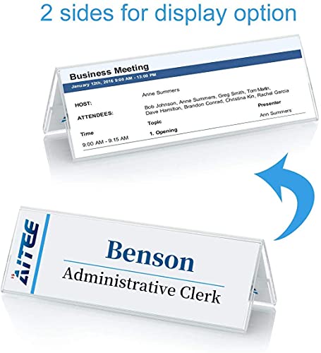 Image of Shuban Clear Acrylic Desk Name Plate Holder - 10 Pack 2-Sided 12 Inch x 02 Inch V-Shaped Display Stand for Name Plates, Table Place Cards, Signs & Labels - Reusable for Office, Business, Weddings, Restaurants & Schools