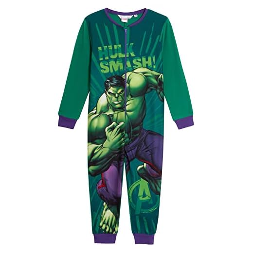 Marvel The Incredible Hulk - Pijama de forro polar para niños, pijama todo en uno, pijama para niños, con cremallera, ropa de dormir, verde, 4-5 Years