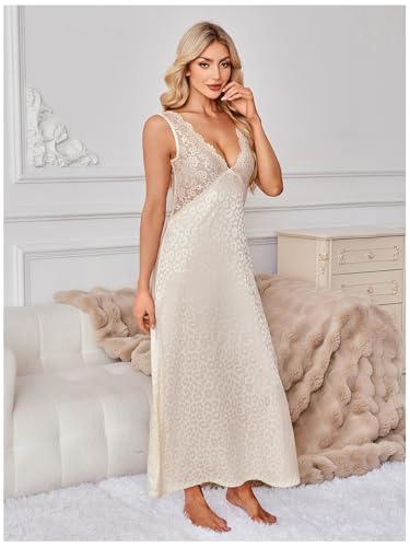 Image of WDIRARA Women's Satin Sleepwear Nightgown | Lace, Backless, Deep V Neck, Sleeveless, Long, Leopard Apricot, Large
