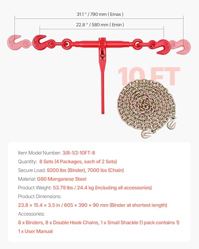 Image of VEVOR Ratchet Chain Binder, 3 /8 in x 10 ft G80 Chains, 9200 lbs Working Load of Ratchet Load Binder, Chains and Binders Set, Tie Down Hauling Chain Binders for Hauling, Towing, Logging, Lifting