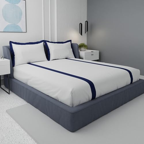 Image of Stoa Paris Satin Bedsheet for King Size Bed, 225TC Bedsheet with 2 Pillow Covers, Breathable and Soft Premium Bedsheet for Home & Living Room (White-Blue)