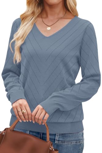 Image of WIHOLL Sweaters for Women V Neck Casual Knit Long Sleeve Tops Lightweight Pullover Clothes Fall Fashion Outfits 2026