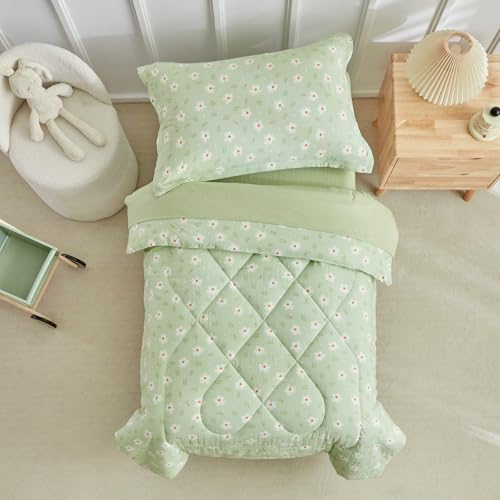 Image of DuShow Green Floral Toddler Bedding Set,4 Pieces Toddler Crib Bed Sheet Set for Girls and Boys,Soft Toddler Comforter Set Includes Comforter,Flat Sheet,Fitted Sheet,Pillowcase