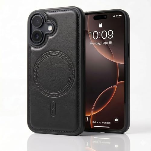 Image of amazon basics Premium PU Leather Case for iPhone 17, MagSafe Compatible Magnetic Ring, Sleek Protective Back Cover - [Black]