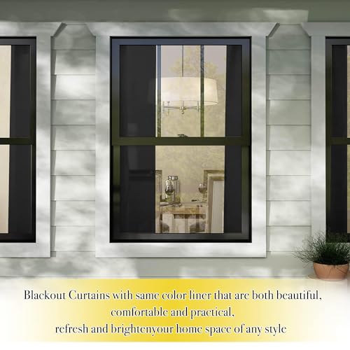 Image of NICETOWN 100% Blackout Curtain Set, Thermal Insulated & Energy Efficiency Window Draperies with Same Color Liner, Noise Reducing Short Curtains for Living Room (Jet Black, 42 inch W x 63 inch L, 2 Panels)