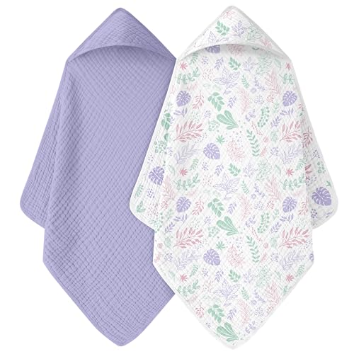 Image of FIEMOL Baby Bath Towels, 100% Muslin Cotton Hooded Baby Towels for Newborn, 2 Pack Baby Towels with Hood for Infant Toddler and Kids, Large 32x32Inch, Soft and Absorbent